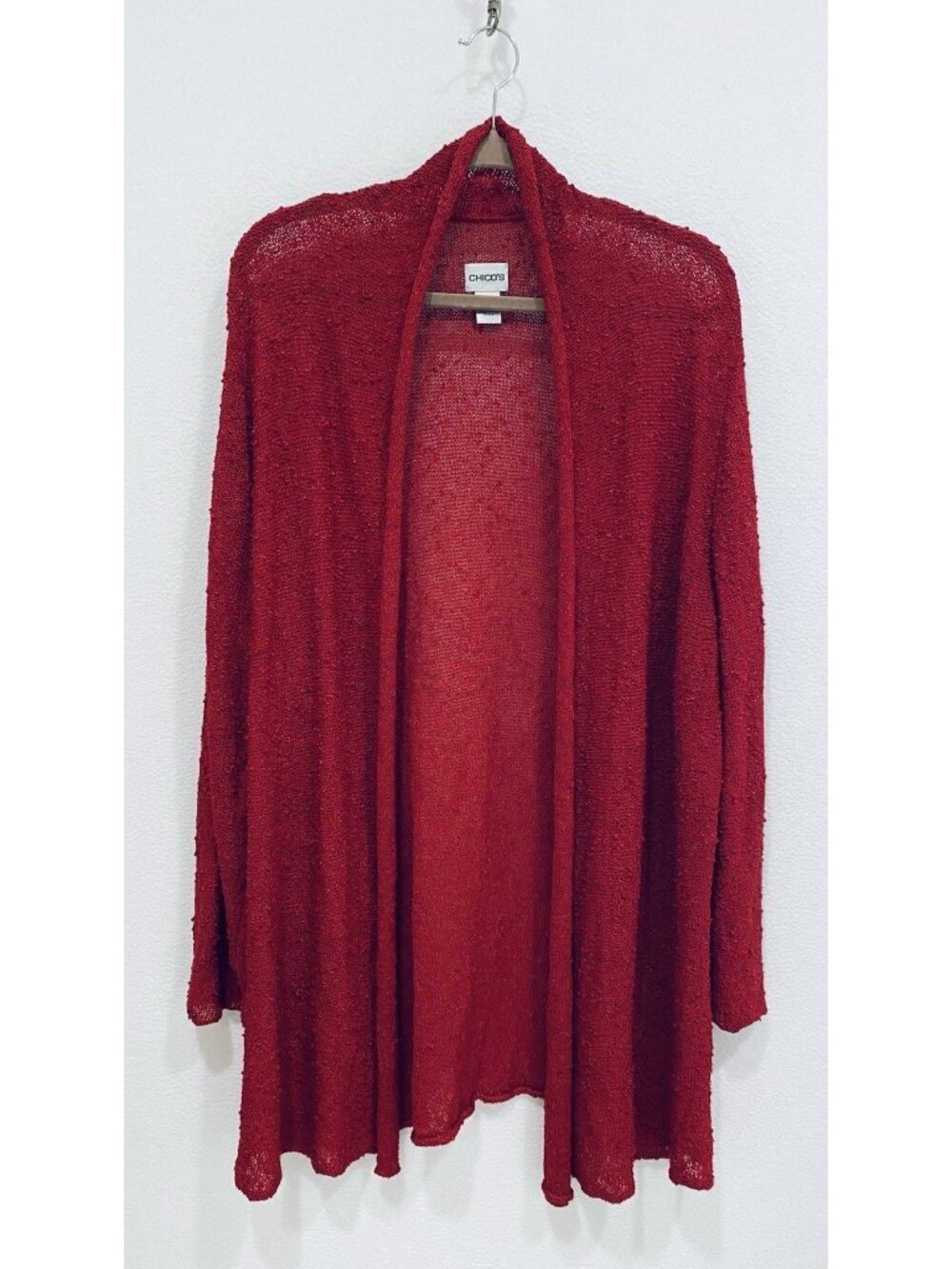 Chicos Cardigan Sweater Womens XL Red Open Front Knubby Longline Capsule Boho